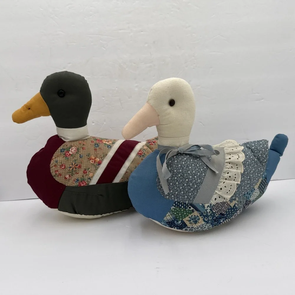 Vtg Handmade Cloth Patchwork Quilted Plush Cottagecore‎ Duck Shelf Sitter Decor